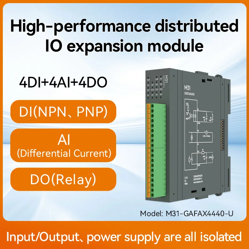 Remote IO Gedistribueerde IO NIEUWE Versie M31-AFAX4440G-U DI/DO/AO/AI RS485 RJ45 Modbus Met Uitbreidingsmodule CDEBYTE PNP NPN DIP