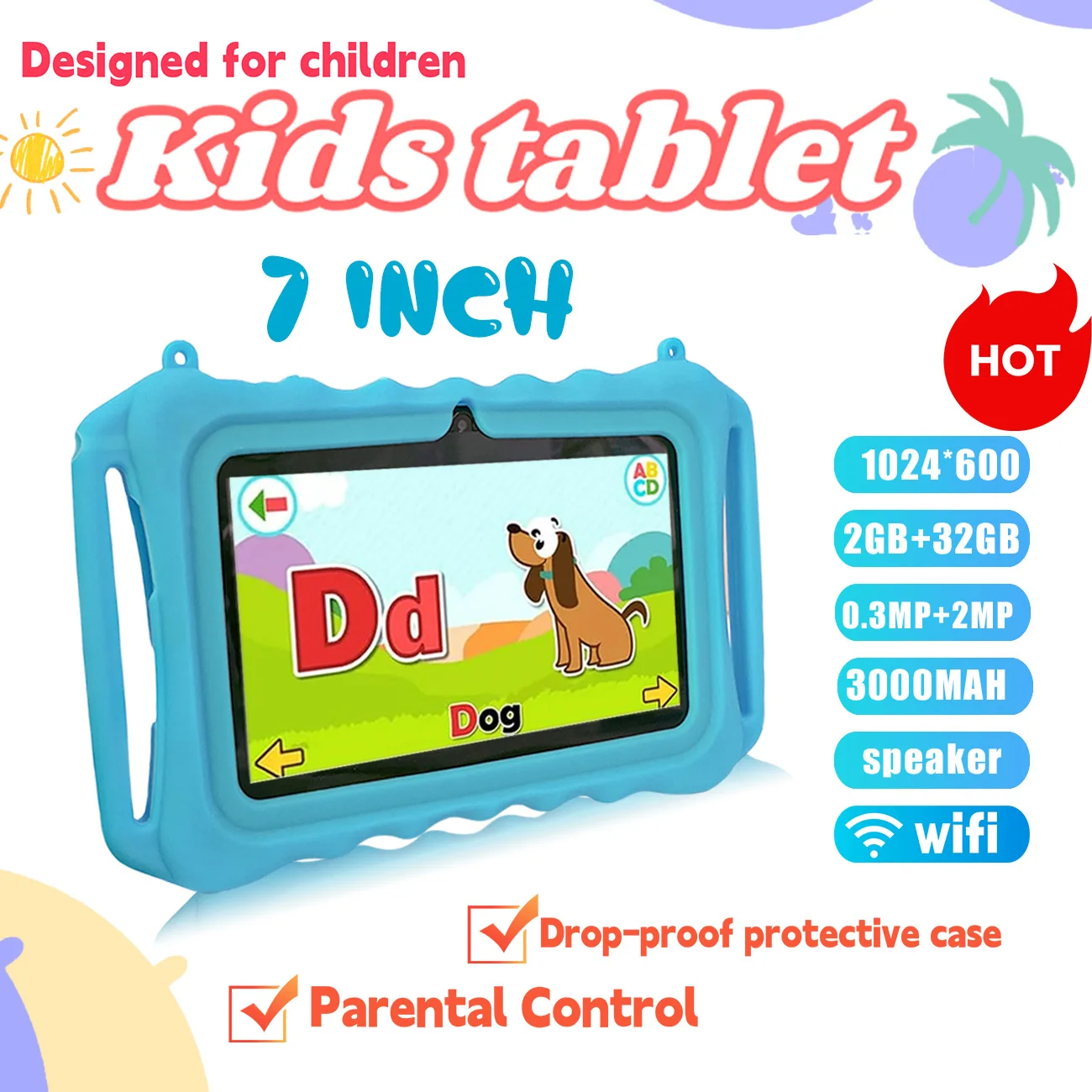 Adorable Cartoon  7 inch Kids Tablet - Android Learning Tablet with Parental Controls | Perfect Birthday Gift for Children