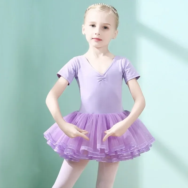 Vestido de balé infantil, saia de treino, collant para ginástica, roupas de dança clássica, manga curta longa, traje tutu infantil