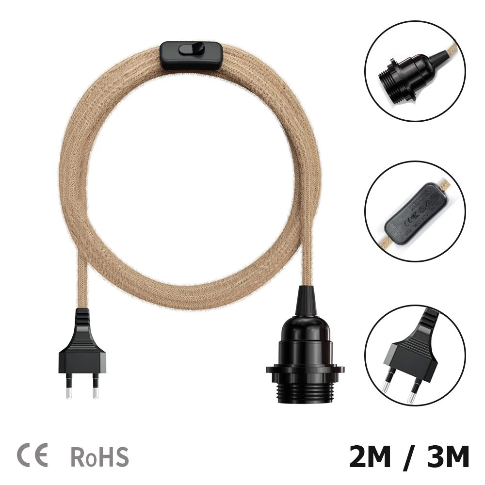 ชุด kabel lampu เชือกห้อยป่านสไตล์วินเทจ3M 2เมตรโคมไฟ E27 steker saklar แบบยุโรปที่แขวนแบบเรียบง่ายสำหรับตกแต่งโคมไฟ