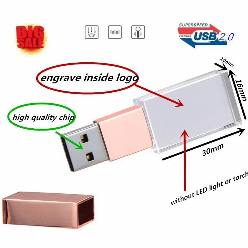 LOGO personalizzato gratuito colore metallo cristallo USB 2.0 memoria Flash Drive 8GB 16GB 32GB 64GB 128GB