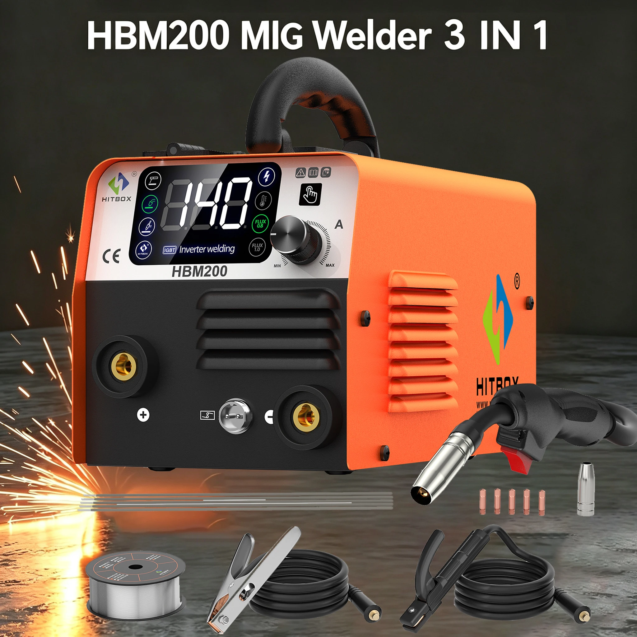 3 IN 1 Welder MIG TIG MMA Welding Machine Synergy Inverter Welder Gasless Flux Core Semi-Automatic Soldering Portable Inverter Equipment for Iron Metal Work HITBOX HBM200