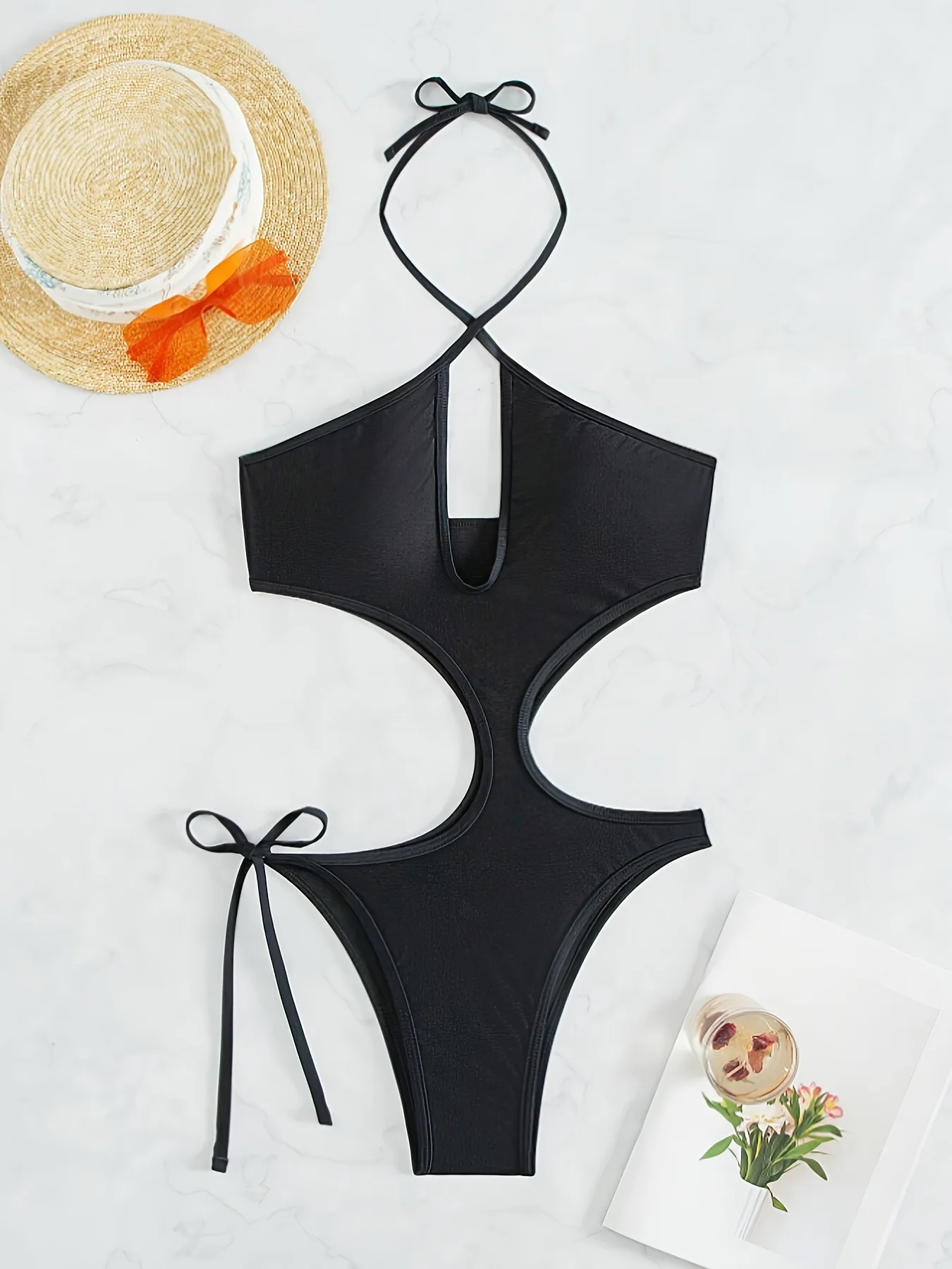 

sexy black plain swimsuits one piece hollow out halter tie women's bikinis swimwear bathing suit beach outfits bodysuits biquini