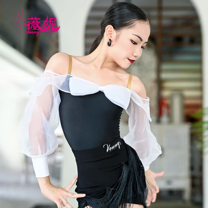 

Vennystyle Latin Dance Dress for Girls Puffy Sleeves Fringe Two Piece Set Salsa Bachata Practice Costume Kids Performance Wear