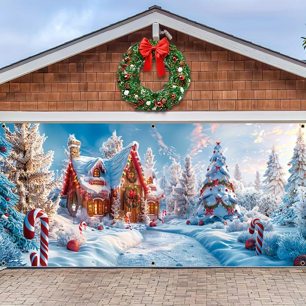 قطعة واحدة، لافتة جراج عيد الميلاد، بوليستر متين، تصميم بيت الثلج وشجرة عيد الميلاد، ديكور فني جداري منزلي احتفالي
