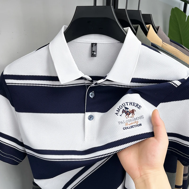 Luxuriöses Sommer-Herren-Poloshirt mit Kurzen Ärmeln, Kragen und Knöpfen, Hochwertige Stickerei, Modische Streifen, Atmungsaktive Herrenkleidung – Detail 11
