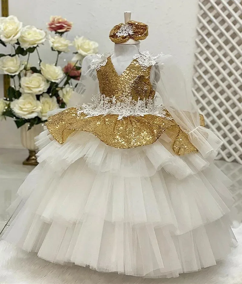 

Puffy Tired Ball Gown Flower Girls Dress Long Sleeves Baby Girl Birthday Kids Wedding Party Pageant Dress