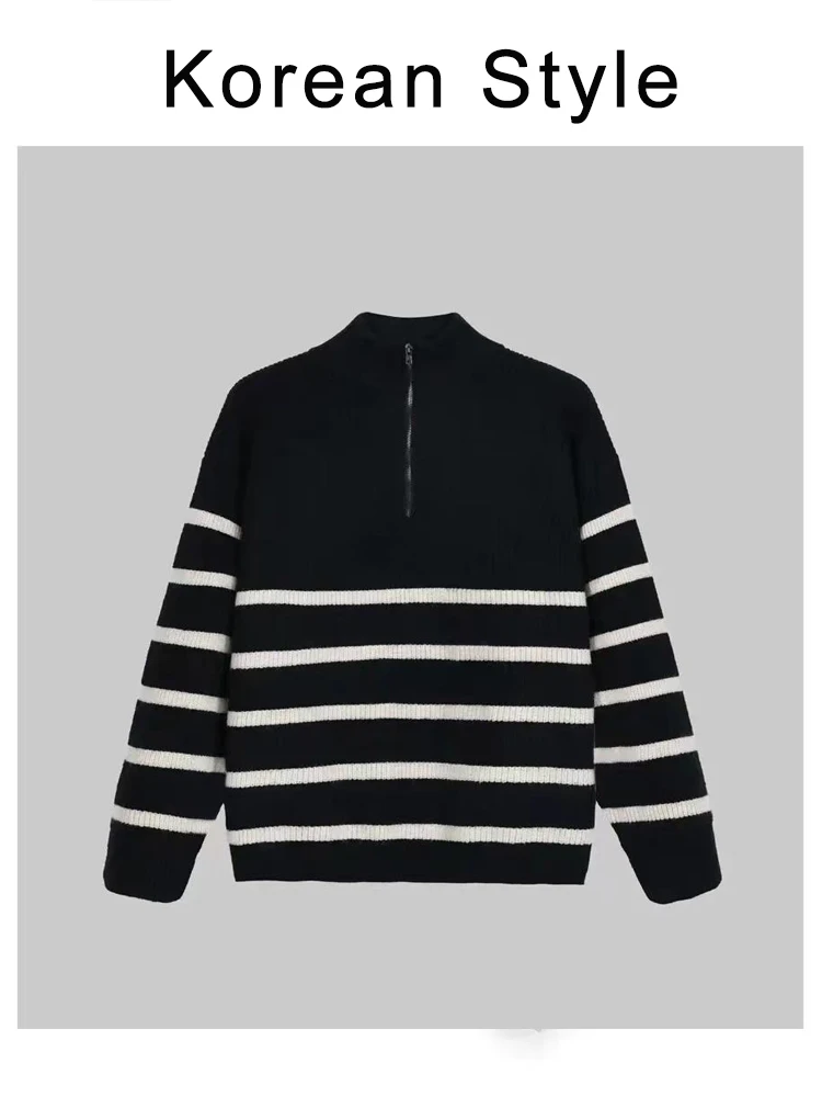 Winter Half-Zip Sweaters Men Korean Fashion Long Sleeve Striped Loose Pullovers Heavyweight Thick Warm Knit Tops Sweter