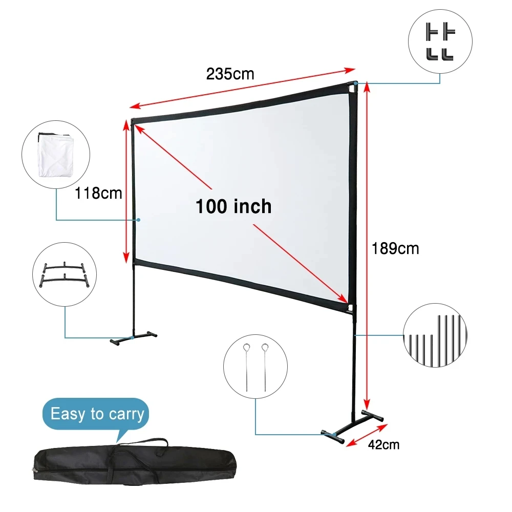 

Touyinger 100 120 Inch Portable Projector Screen 3D 4K Camping Film Curtain HD 16:9 Outdoor Floor Stand Projector Screen
