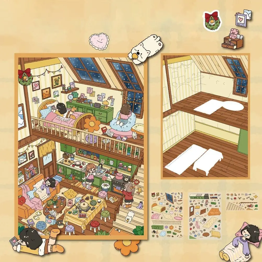 New Warm Little Nest Series Miniature Landscape Sticker PET Large Size Cabin Scene Sticker Stress Relief DIY Toy Game Stickers
