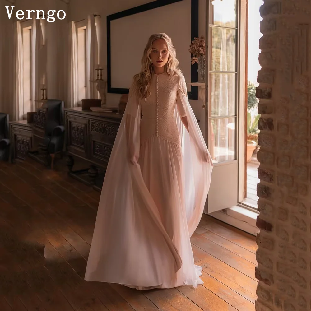 Verngo Pink Chiffon Evening Dress O Neck Half Sleeves Formal Occasion Dress Botton שמלות ערב לאירועיםCustomized