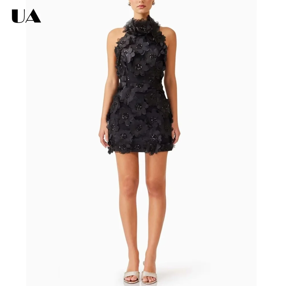 

Summer New Turtleneck 3D Flower Mini Prom Dress Sexy Backless Short Dress for Woman Fashionable Sleeveless Cocktail Party Dress