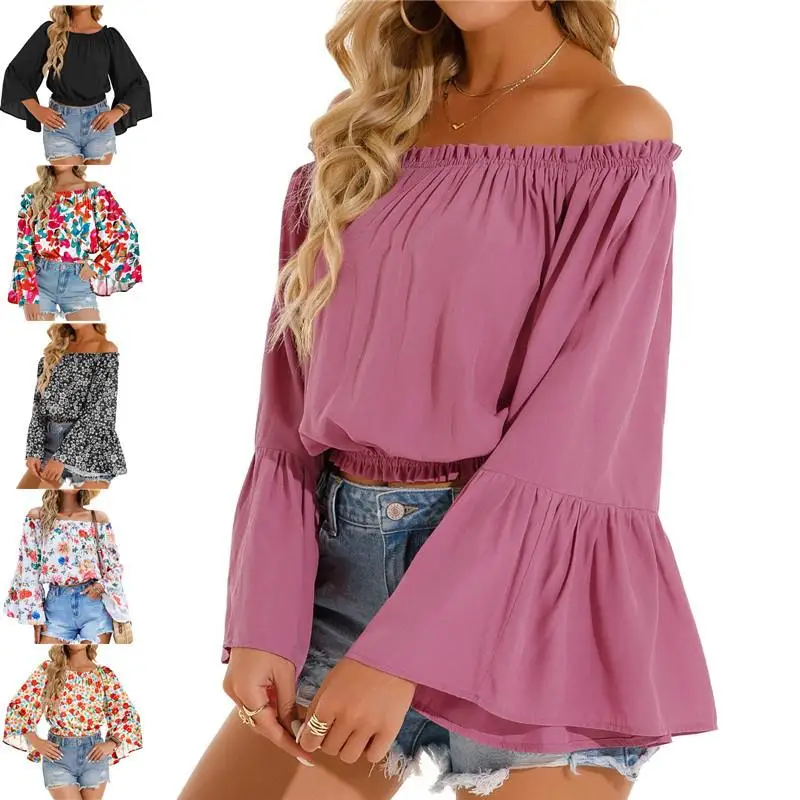 

Women's One oulder Printed Long Sve irt Floral Pattern Elastic Waist Bell Sve Polyester Fabric Spring 2023 Faion