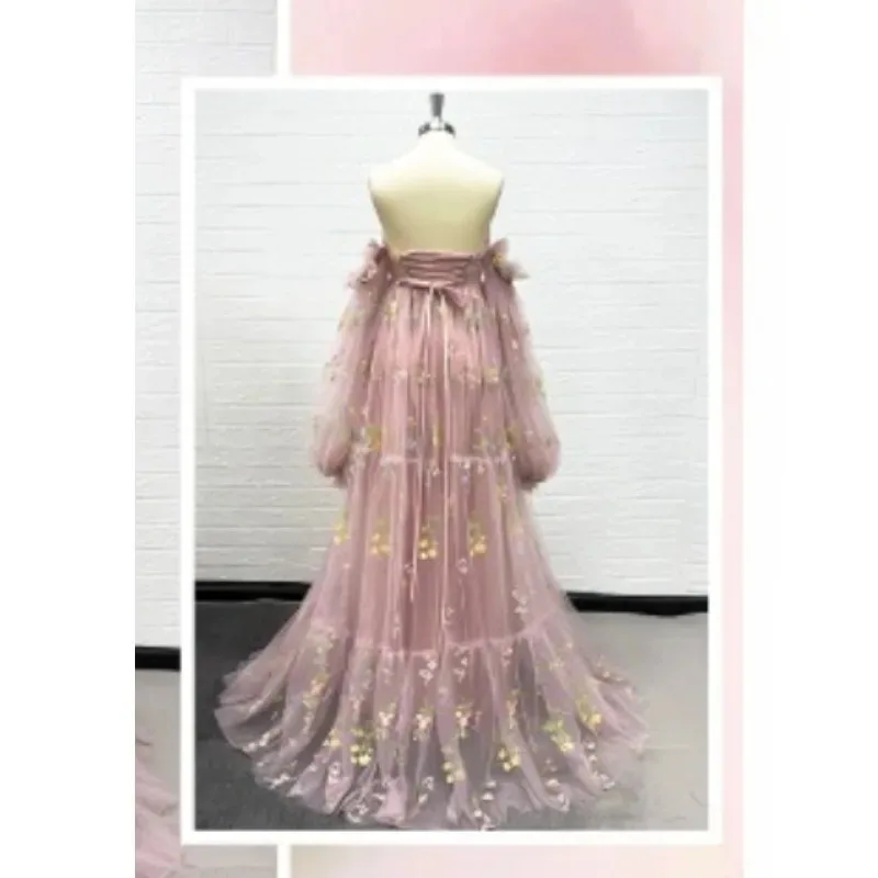 فستان سهرة مثير للأمهات - فستان حفلات بفتحة عالية مع تطريز زهور وأكمام منتفخة - فستان استحمام الطفل والتقاط الصور