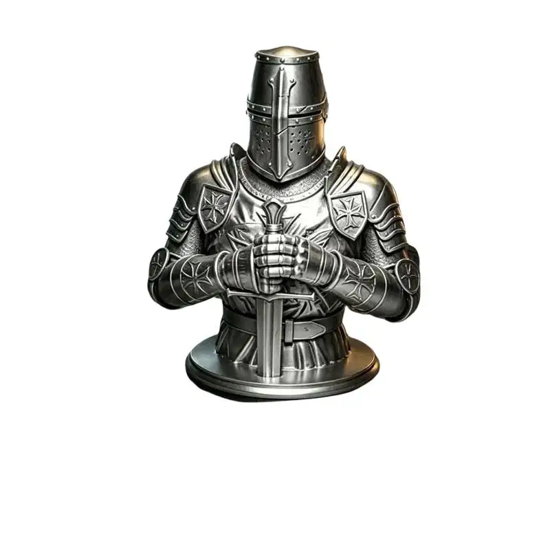 3D Printed Silver Templar Knight Bust Statue Gothic Sculpture Historical Ornament for Desktop Home Decor Collectible Gift view 6