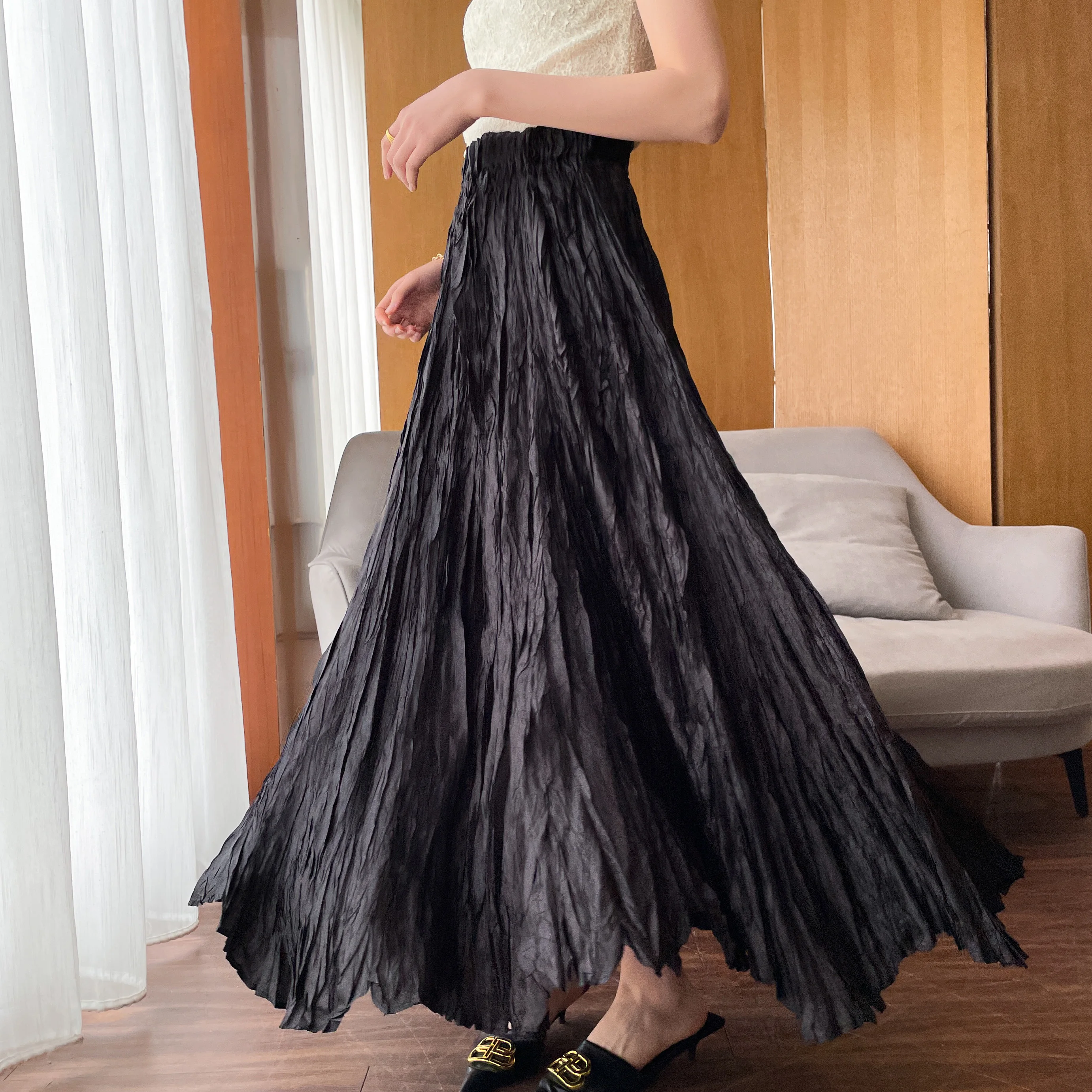 Counter quality Miyake pleated high-waist skirt pure color temperament commuting versatile half pleated skirt literary fan skirt