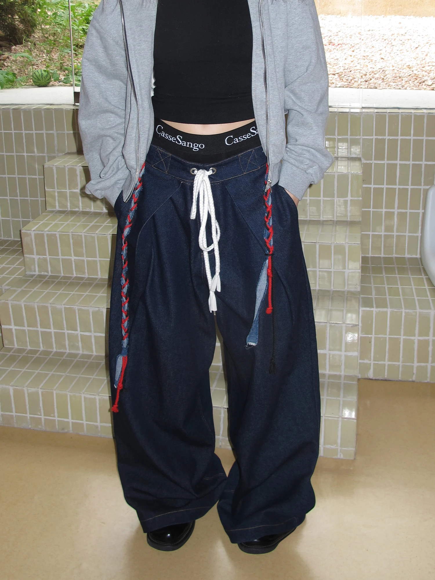 CasseSango Vintage Original Denim Jeans Belted Double Waistband Structure Loose Fit Casual Versatile Binding Wide Leg Jeans