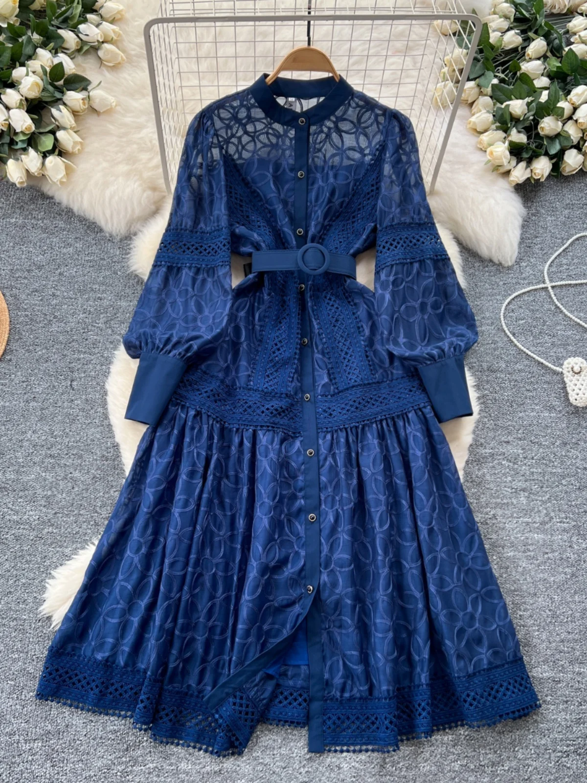 Court Sle Heavy Embroidery Lantern Sve Long Dr Women's Retro Winter Faion High Waist A-Line Dr Korean Version
