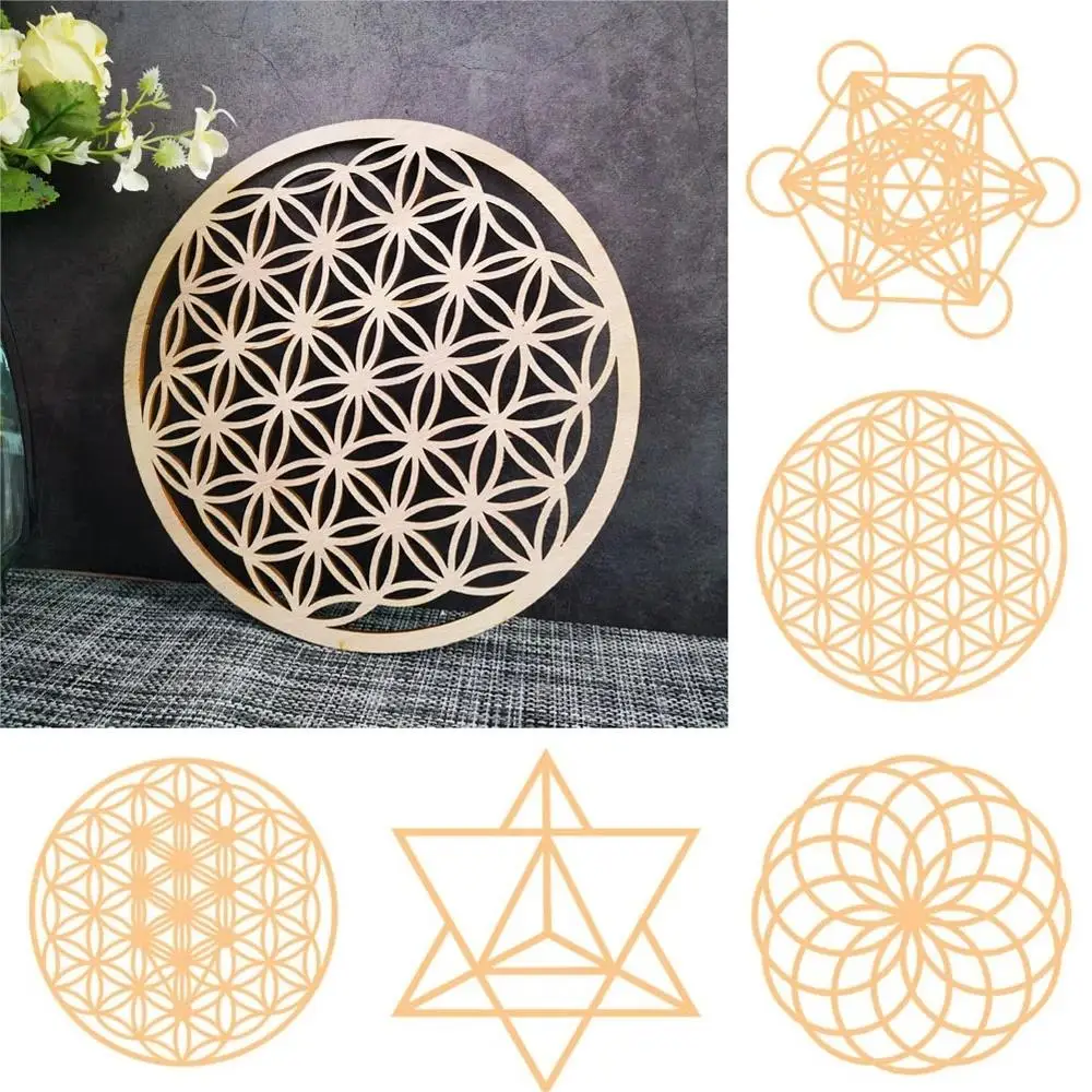 Sacred geometry Flower of life energy mat wood slice base of purification crystals healing disc as coaster for home Wall decor