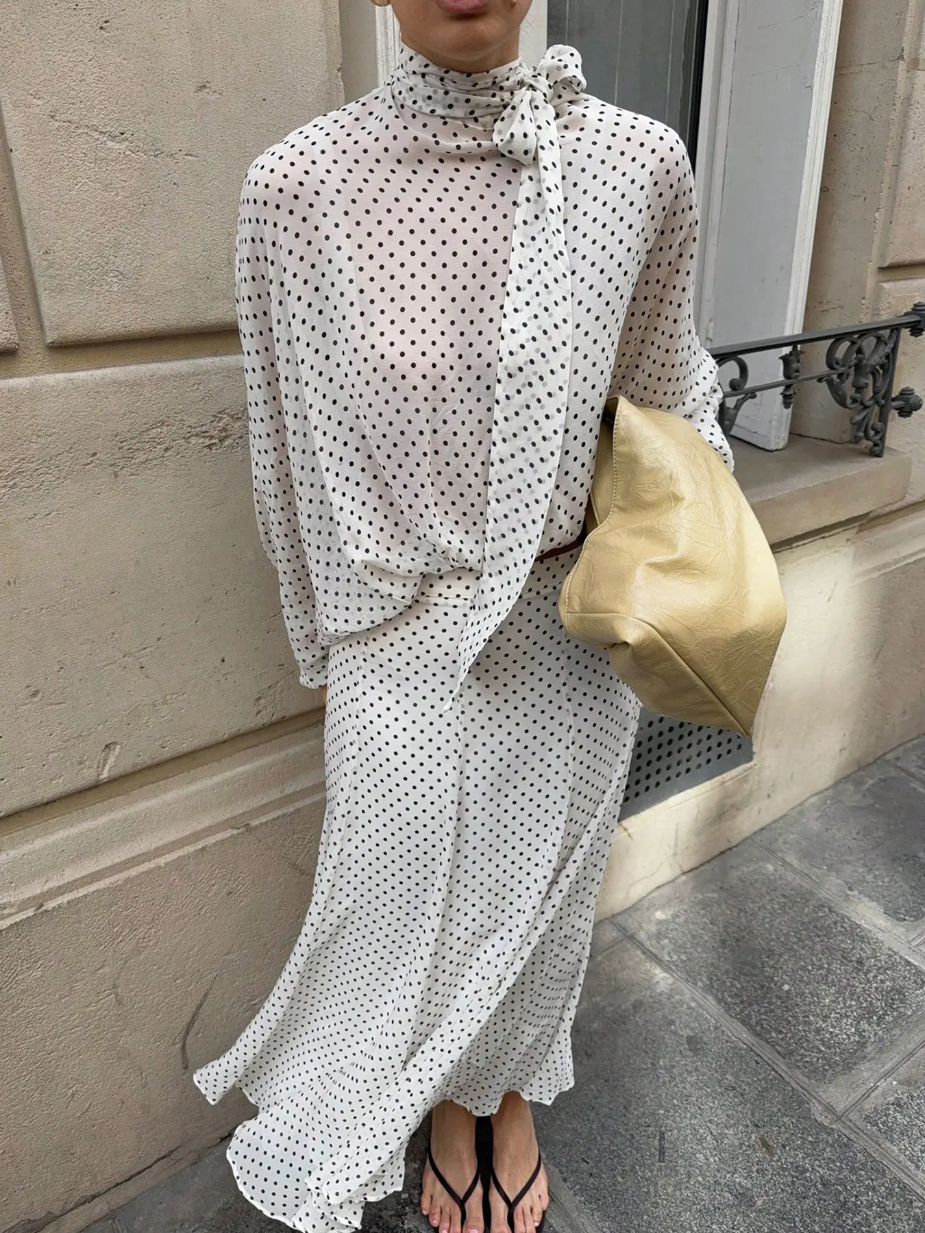HH Women Spring Fashion Elegant Polka Dot Bow Blouse Long Sleeve Shirts Casual Loose Pleated Skirt Translucent 2 Piece Set