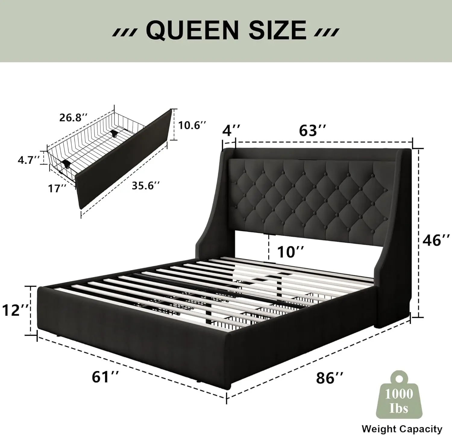 Feonase Upholstered Queen Bed Frame with 4 Storage Drawers, Charging Station, Large Wingback Headboard, No Box Spring Needed