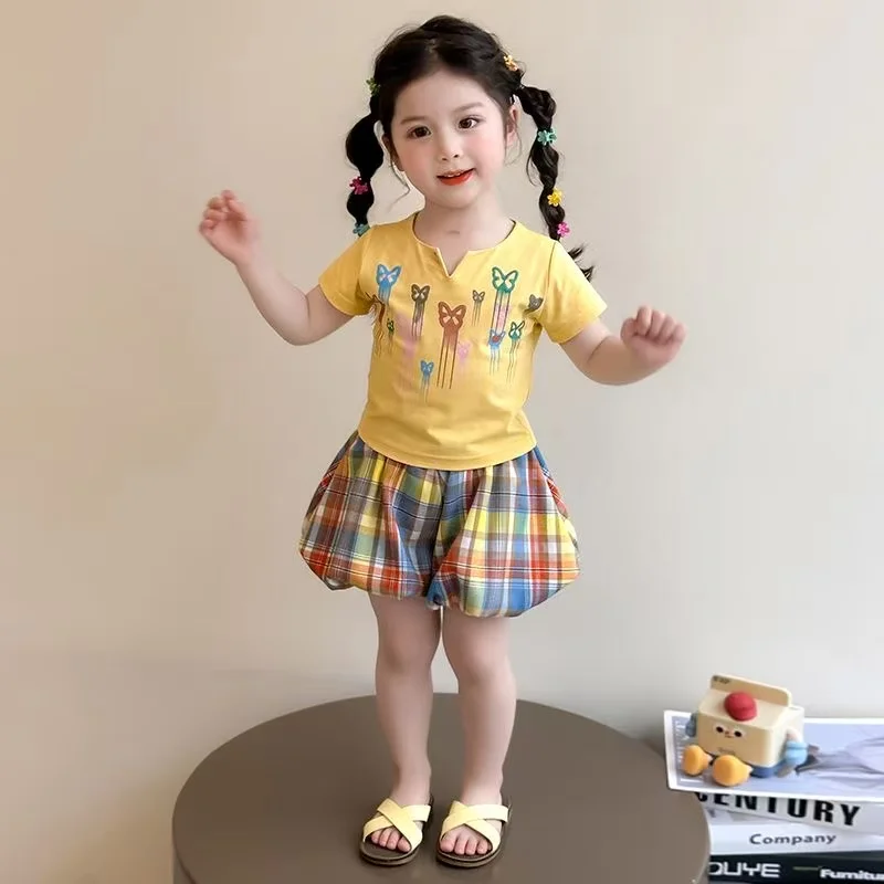 

2025 Summer New Girls' Butterfly Dopaamine Short-sleeved Elastic Pants Set Sweet Princess Style