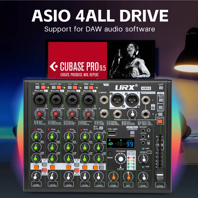 URX AM08 Professional Recording Studio DJ Console Digital Audio Interface Sound Card and Mixer, Supporting ASIO4ALL Driver