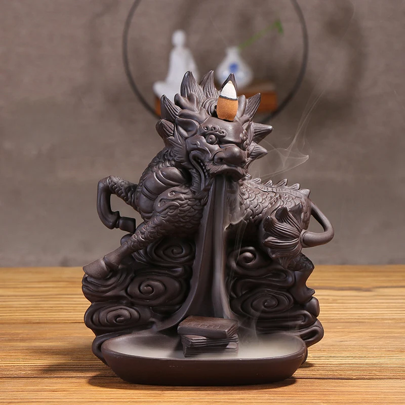 Chinese Dragon Lucky Handicrafts Home Decor Ornaments Waterfall Backflow Incense Purple Clay Holder Censer