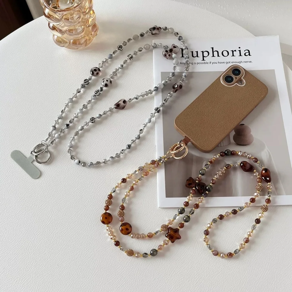 

[Shui Linglong] Роскошный высококачественный коричневый чехол-сумка для мобильного телефона с леопардовым принтом, стразами и бисером, с длинным ремешком-цепочкой через плечо