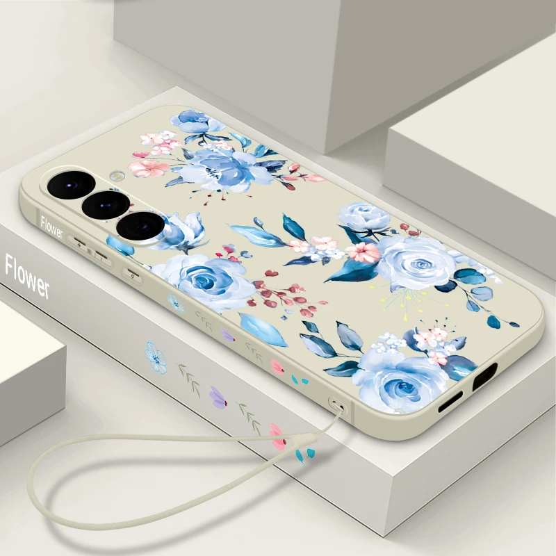 Retro Flower Print Lanyard Phone Case For Samsung Galaxy A57 A17 A56 A16 A55 A15 A36 S24 S25 FE S26 S25 S23 S22 Ultra Soft Cover