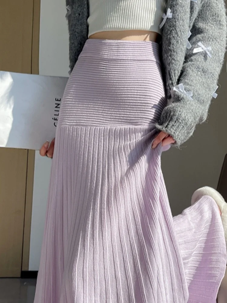 Gonna elegante lavorata a maglia a righe viola a vita alta dimagrante gonna da donna di media lunghezza a trapezio in lana casual da donna