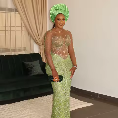 Aso Ebi Style Green Lace Prom Dresses Sparkle Sequined Wedding Guest Dress Nigerian Birthday Dress African Evening Party Gowns