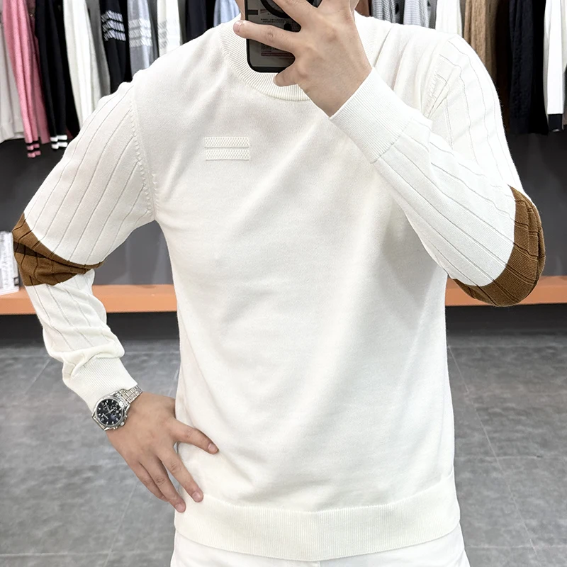 

Высококачественный вязаный свитер с длинными рукавами для мужчин, облегающий повседневный деловой пуловер с круглым вырезом, универсальный трикотаж, топы 2026