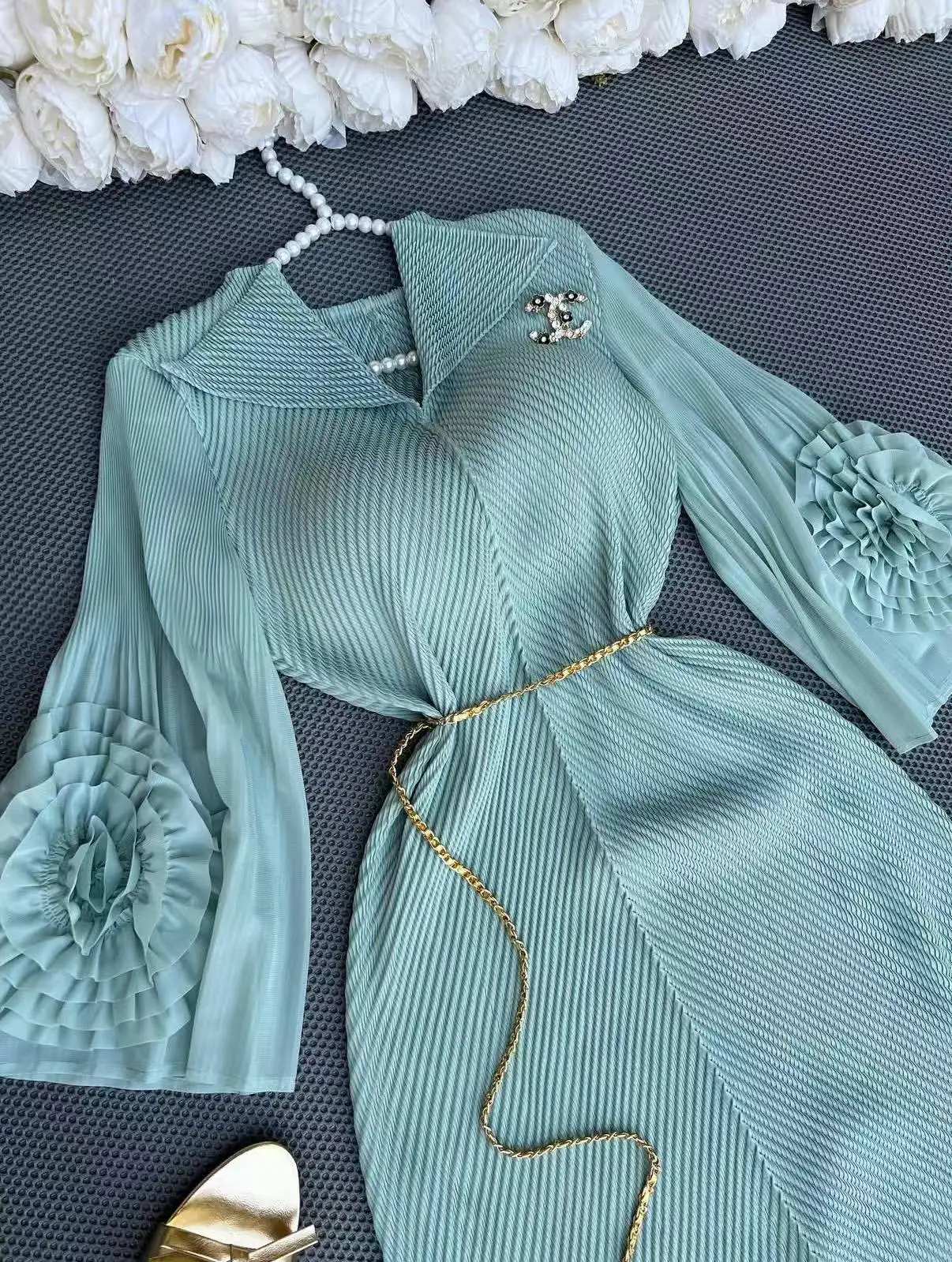 ANLAN Pleated 3D Flowers Tassel Dress Women Lapel Lace-up A Line Elegant New 2025 Loose Fashion Wedding Party Female Clothing