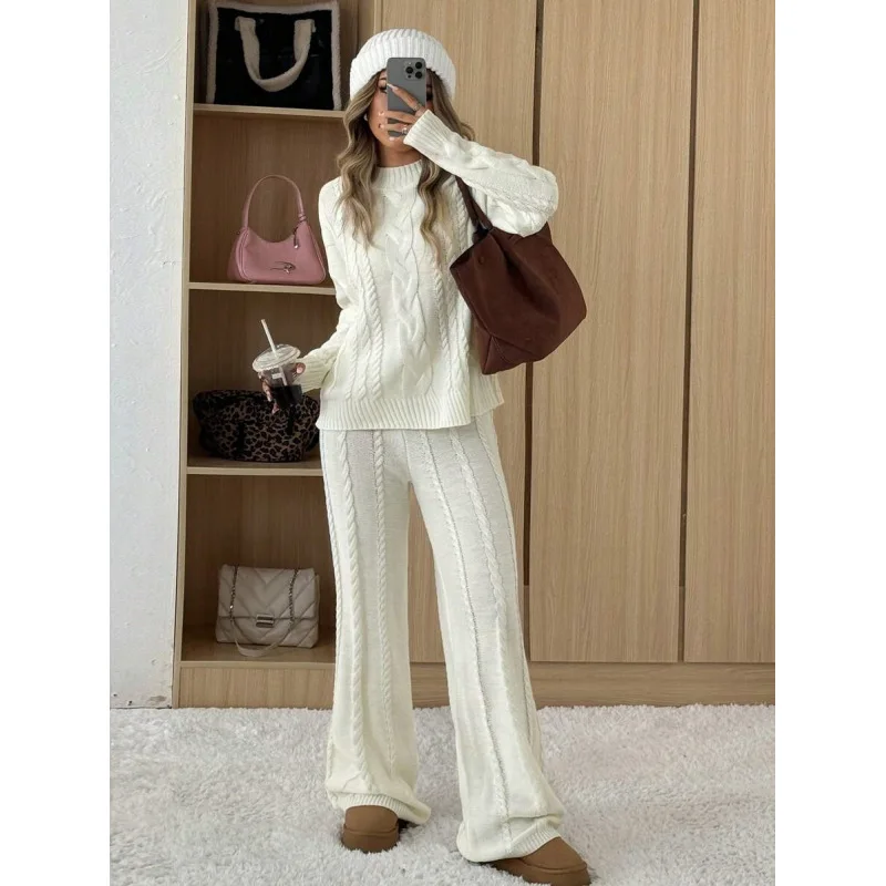 

Soft Warm White Cable Knit 2-Piece Sweater Set Women Oversized Casual Loungewear Tracksuit 2026 New Fashion Women's Knit