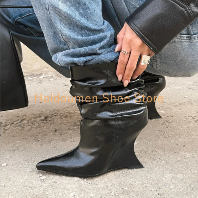 

Trendy New Style Black Leather Ruched Stacked Boot Fashion Point Toe Slip On Sexy Wedge Heel Women's Concise Elegant Ankle Boots