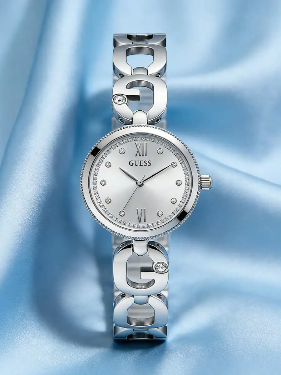 Reloj de Pulsera GUESS para Mujer con Cristales, Correa de Acero Inoxidable, Números Romanos, Cuarzo, Elegante para Oficina y Uso Diario