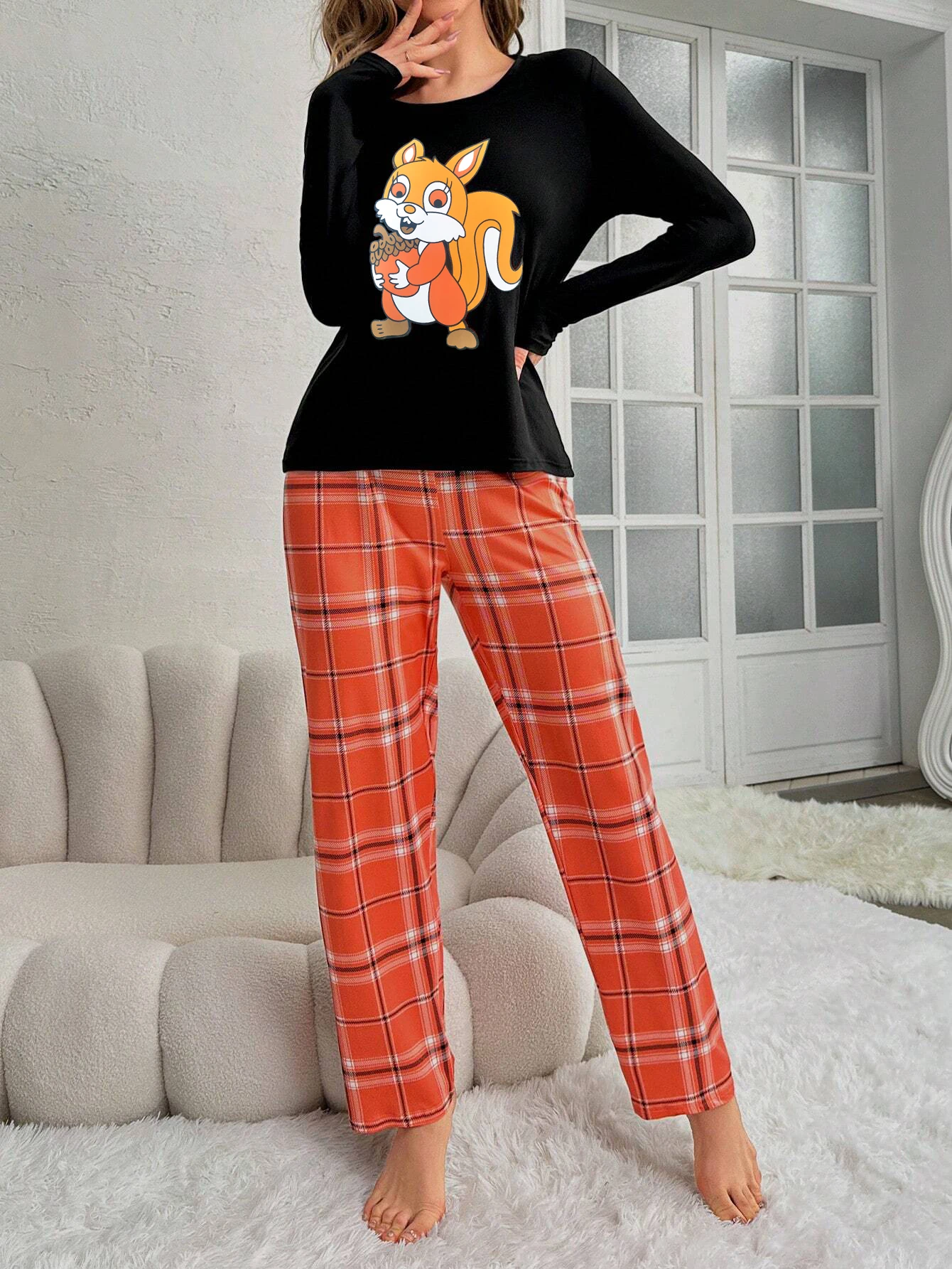 Women Pajama Set Cut Cartoon Squirrel Print Long Sleeves Round Neck Plaid Pants Sleepwear Set Autumn Homewear Set Causal