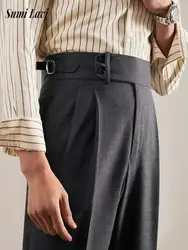Trendy High Waist Belt Design Suit Trousers For Mens Spring Fall Casual Solid Color Pleated Slim Pants Men Vintage Straight Pant
