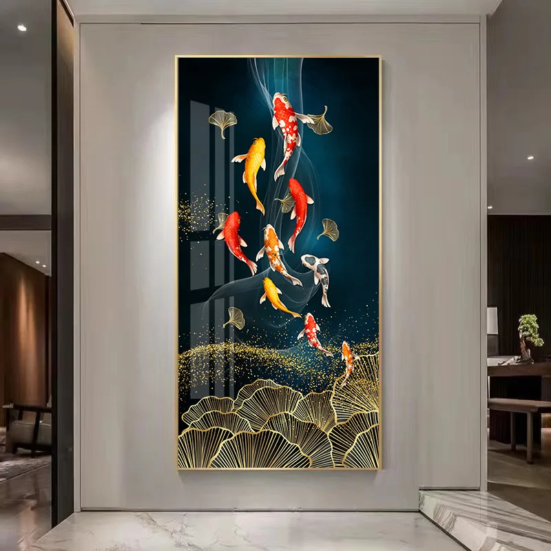 Feng Shui Lucky Canvas Painting Koi Nine Fish Posters and Prints Modern Light Luxury Corridor Living Room Home Decor Cuadros