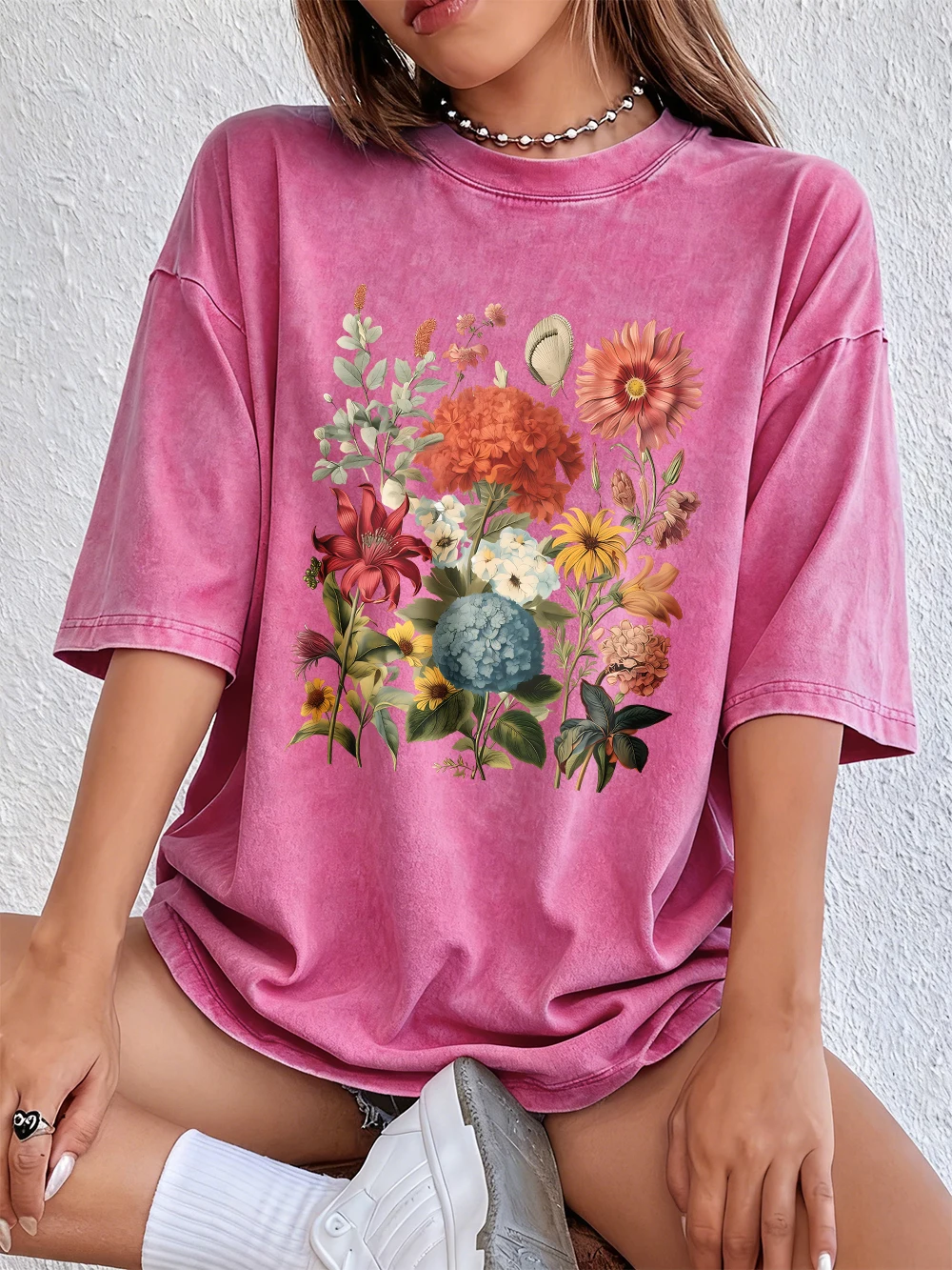 Vintage Hortensien-Blumen-Prints Gewaschene T-Shirts Damen Baumwoll-Kurzarm-Tops Street O-Neck Oversize T-Shirt Sommerkleidung – Detail 9