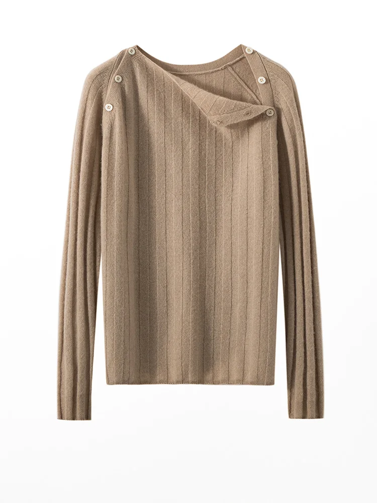 

Women 100% Cashmere Sweater Basic Button Soft Pullover Loose Buttons Slash Neck Cable Knit Sweater Autumn Winter Clothing Tops