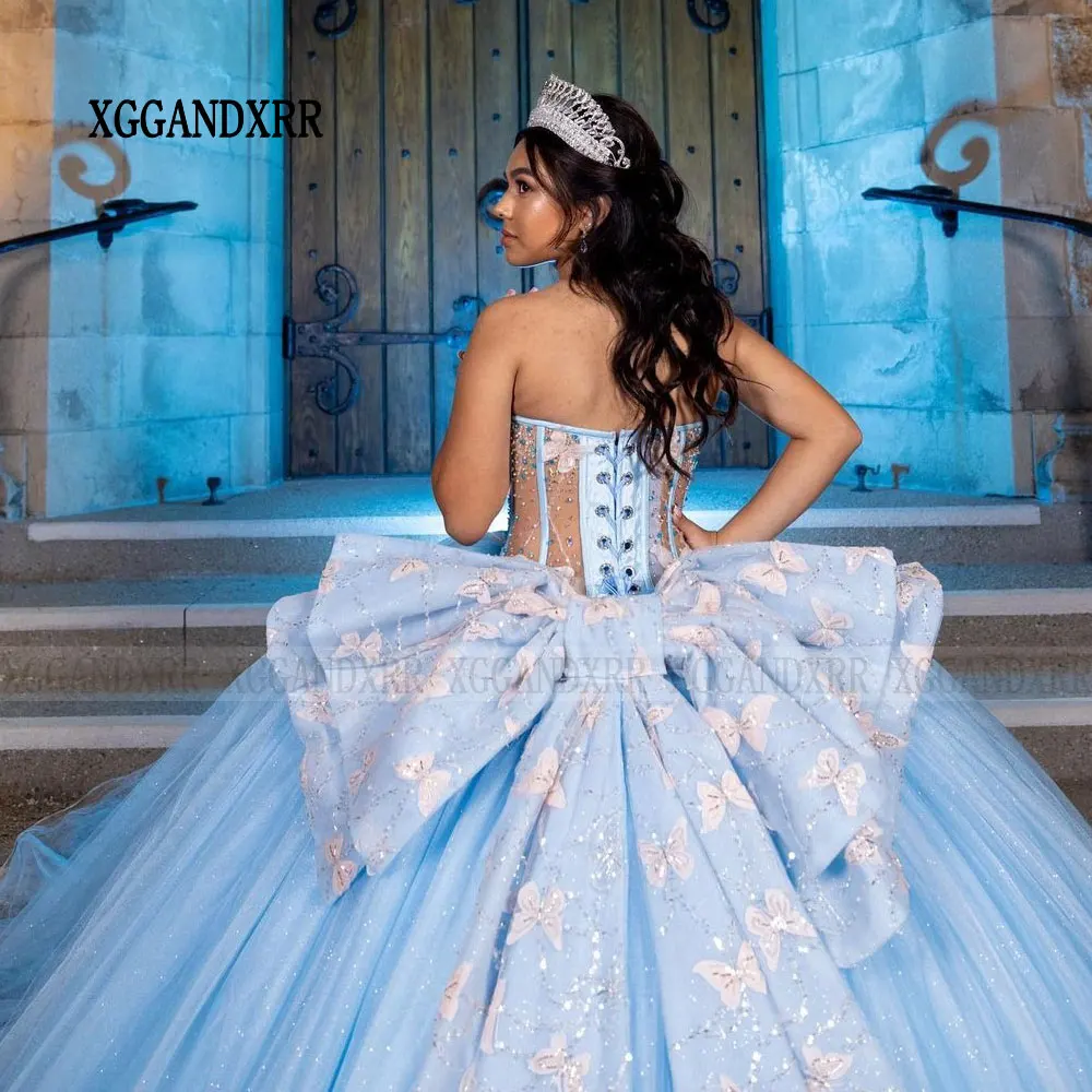 Luxury Bow Ball Gown Quinceanera Dress 2024 Butterfly Flower Princess Tulle Vestidos De 15 Años Birthday Party Sweet 16 Dress