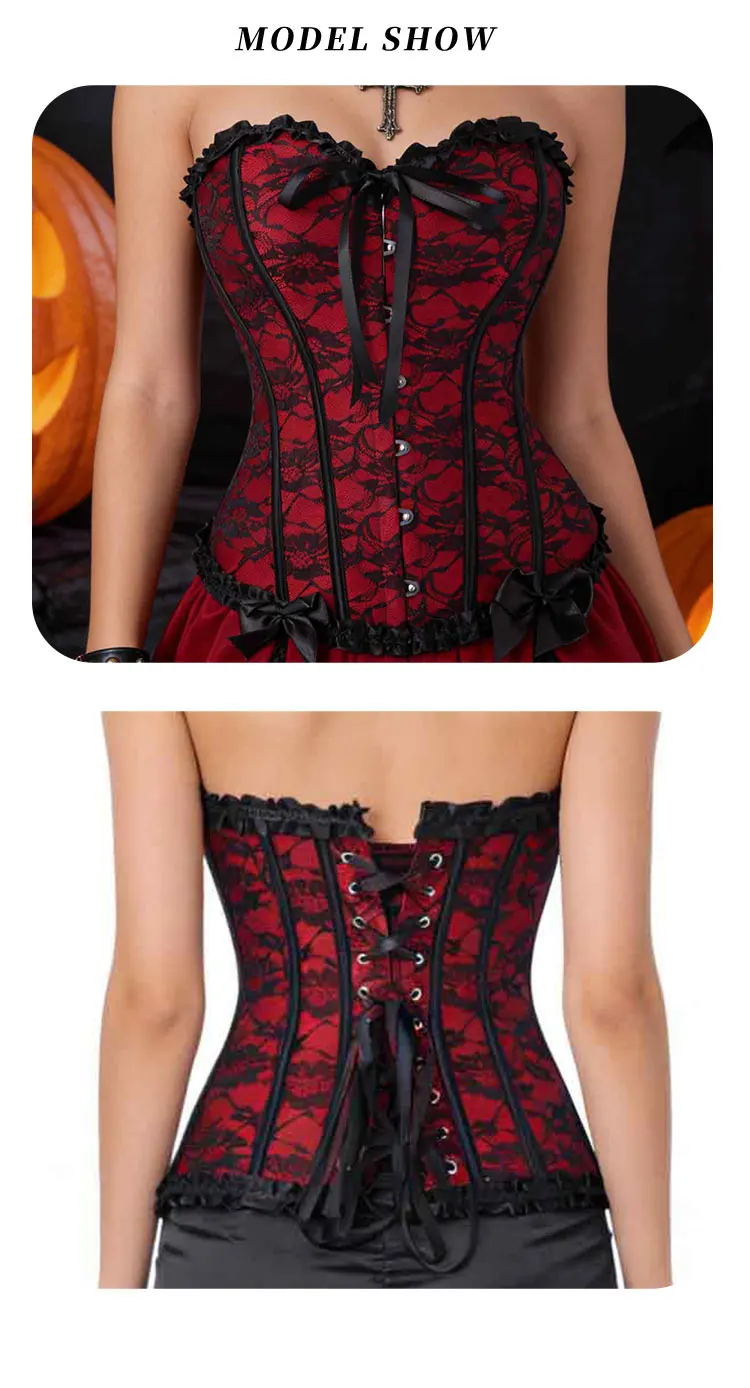 Damen Gothic Overbust-Korsett mit Spitze, Rüschen, Schleife vorne, Busk-Rückseite, Schnürung, Taillenformer, Halloween-Party-Kostüm – Detail 7