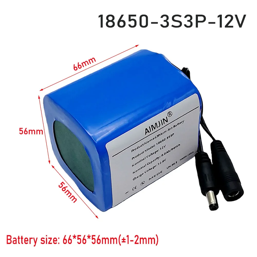 12V 3S3P with BMS battery pack 18650 lithium-ion 12V 8000mAh ultra large capacity rechargeable battery+12.6V DC 2A charger