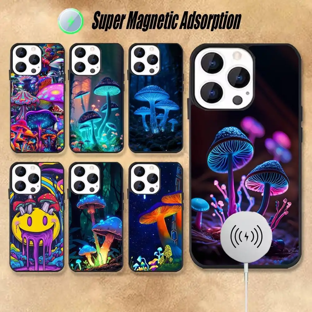 

Trippy Art Mushroom Shockproof Black Phone Case For iPhone 17,16,15,14,13,12,11,Pro,Max,Plus,Mini, Magnetic Wireless Charging