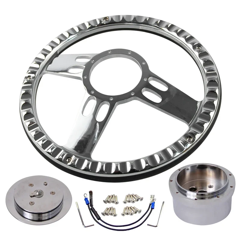 14 Inch PVC Half Wrap Chrome Aluminum Steering Wheel with Horn Button & 9-Hole Hub Adapter for Oldsmobile Pontiac 1969-1993
