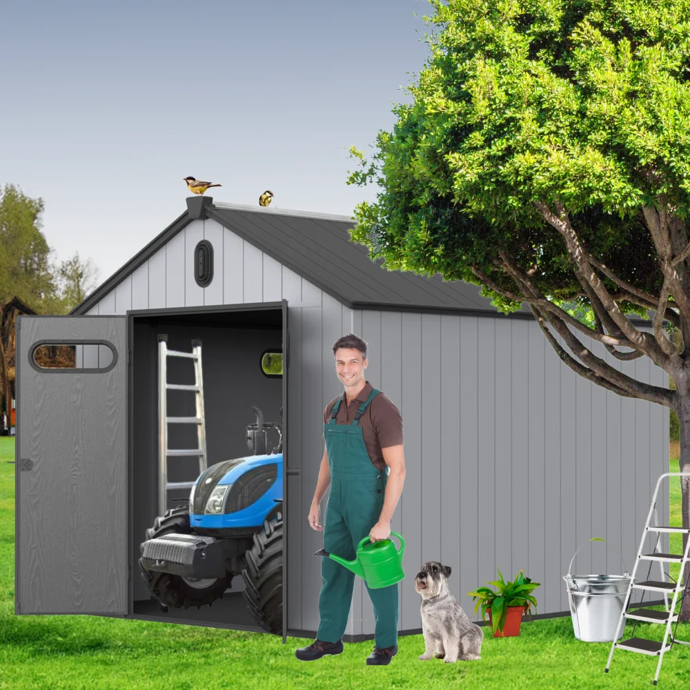 

XWT013-1 8*10ft resin plastic storage shed for backyard garden big spire Tool storage
