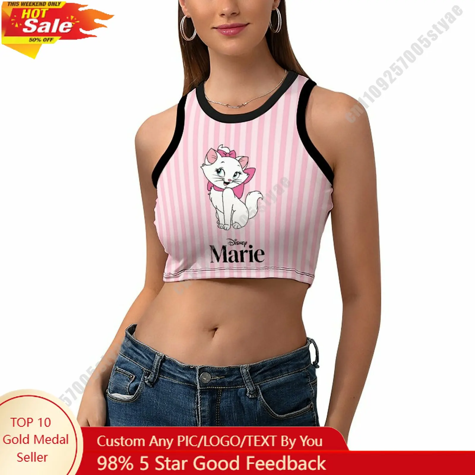 

Marie Vest Disney Pattern Custom Photo Text Crop Tank Racerback Vest Personalized Graphic Sleeveless Crop Top