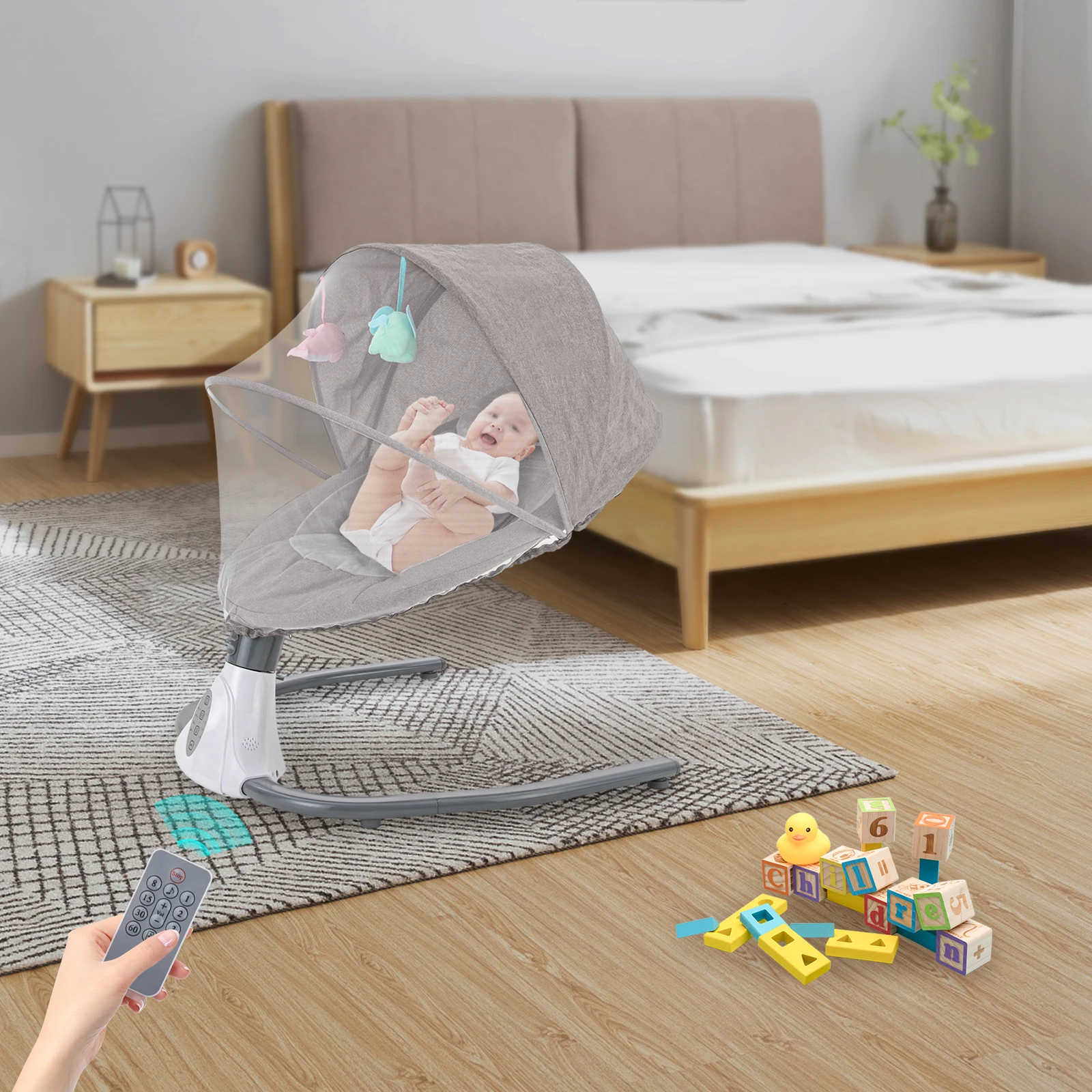 أرجوحة أطفال كهربائية، أرجوحة مريحة وآمنة للأطفال الرضع، سرير هزاز تلقائي مع موسيقى مهدئة وجهاز تحكم عن بعد #4